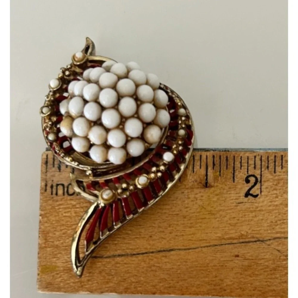 Vntage CORO Signed Spray Brooch Pin Pearl Milk Glass Bead Cluster Red Enamel 50s